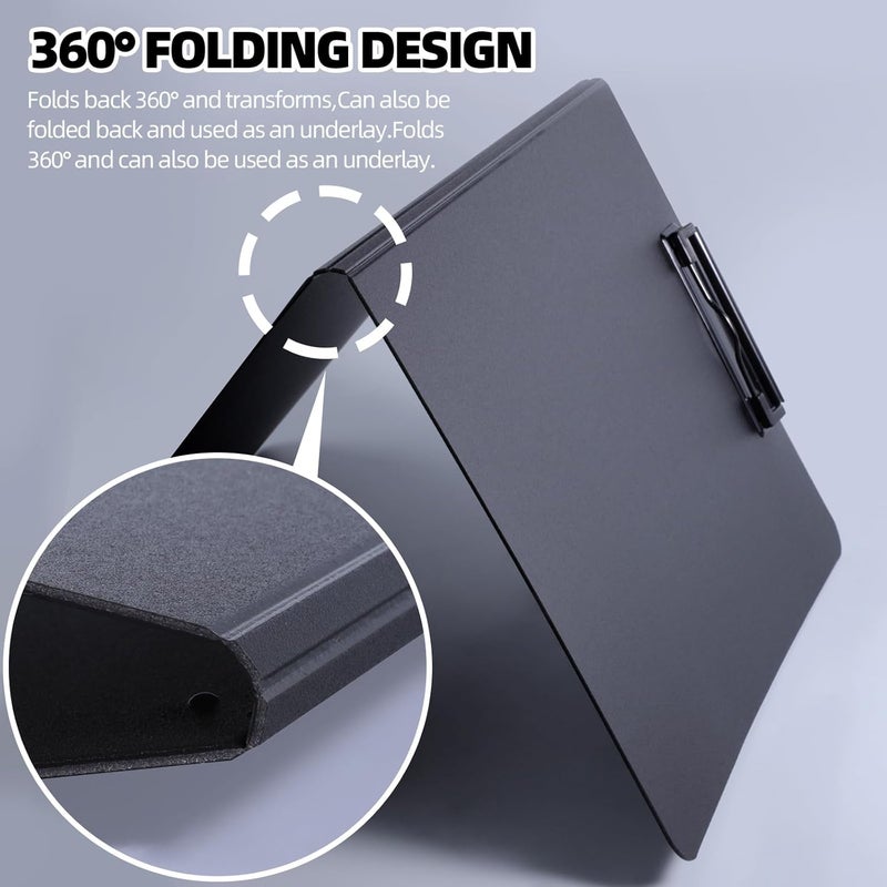 FRETONBA Clipboard Folder, 5 Pack A4 Foldable Clipboard with Horizontal and Vertical Double Metal Clips, 360 Degree Foldable Binder Clipboards with Pen Holder, File Cover Folder Clipboards, Black - Image 4